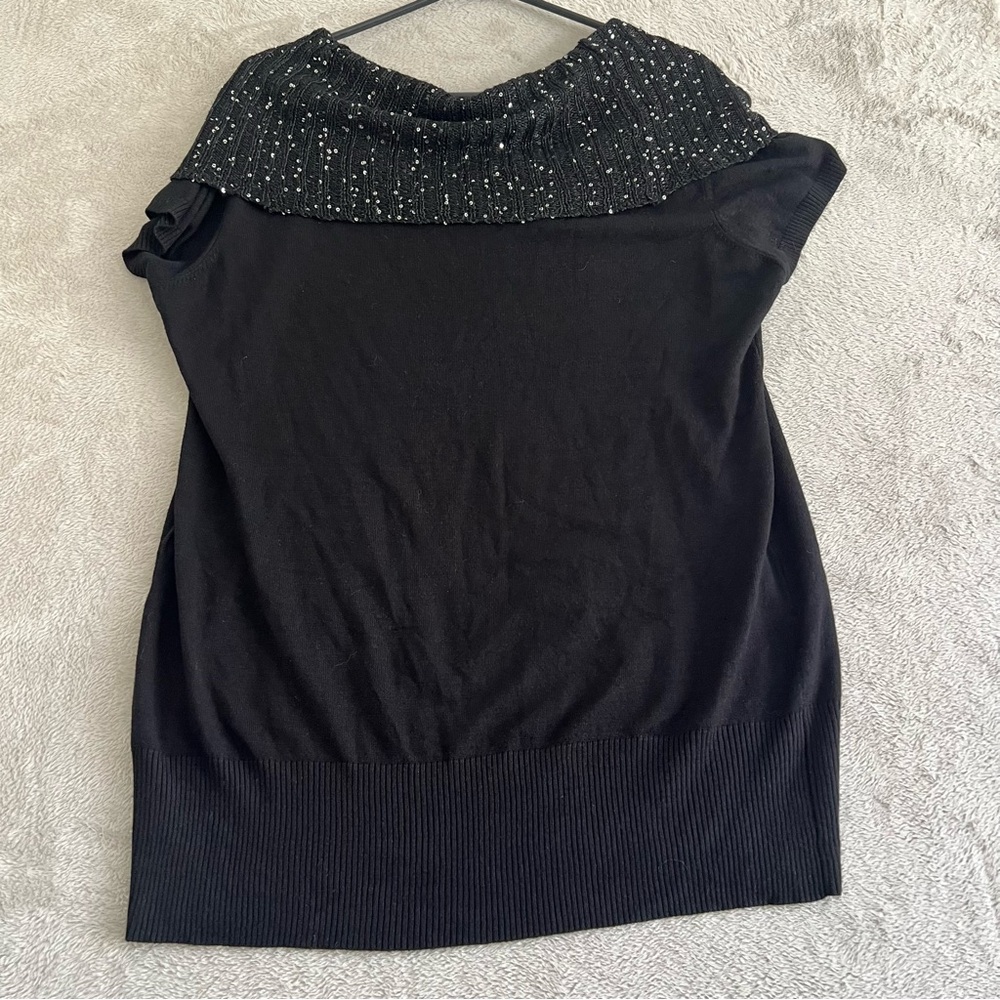 Deb Sweater Top Womens size 2X Pullover Off the Shoulder Sequins NYE Bling Black